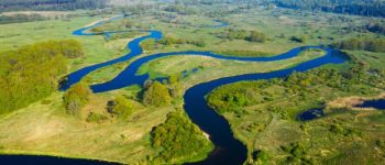 Aerial nature river background. Scenic river on green meadow from above. Drone view on curved river